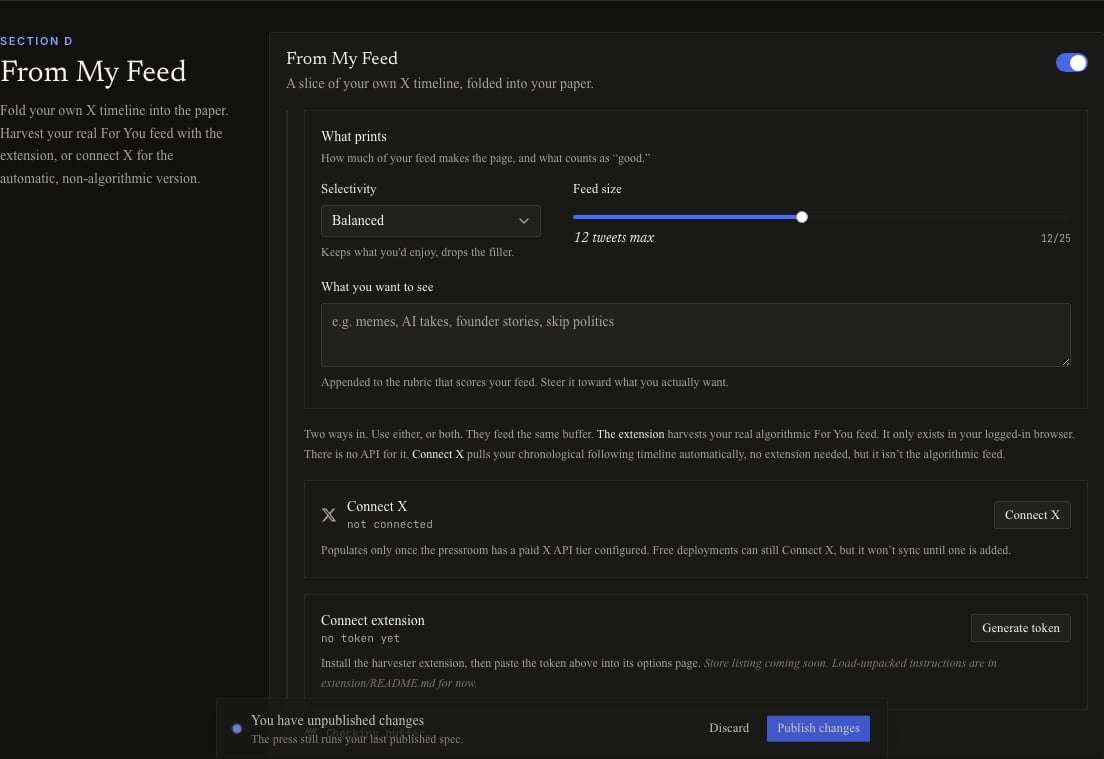 From My Feed settings in dark mode showing selectivity, feed size, Connect X, and Generate token controls