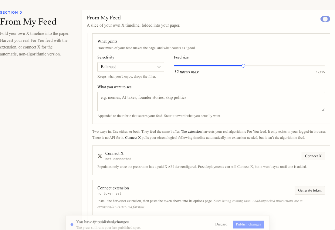 From My Feed settings showing selectivity, feed size, Connect X, and Generate token controls