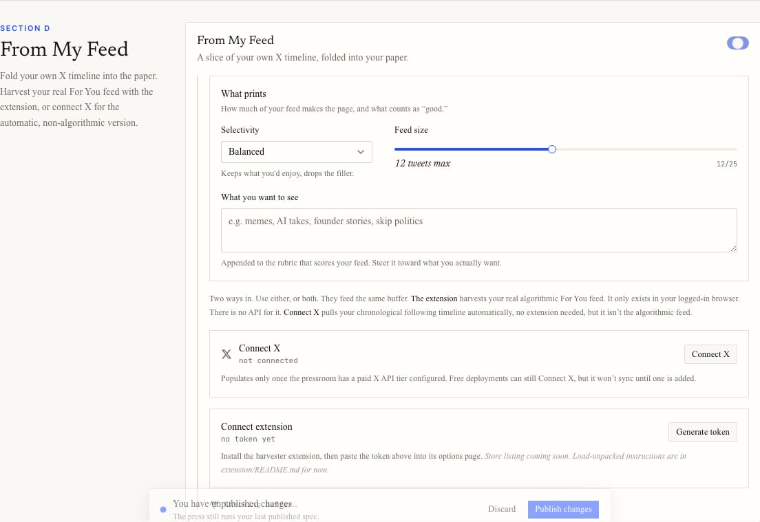 From My Feed settings showing selectivity, feed size, Connect X, and Generate token controls