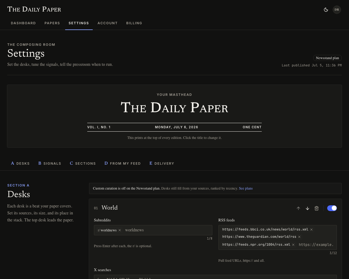 Settings page in dark mode showing the masthead, section tabs, and the first desk controls