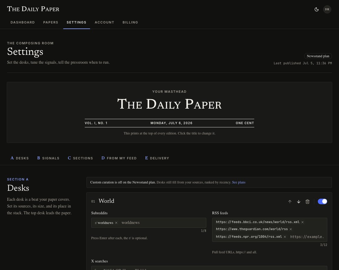 Settings page in dark mode showing the masthead, section tabs, and the first desk controls