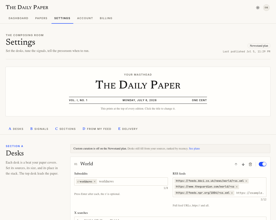 Settings page showing the masthead, section tabs, and the first desk controls