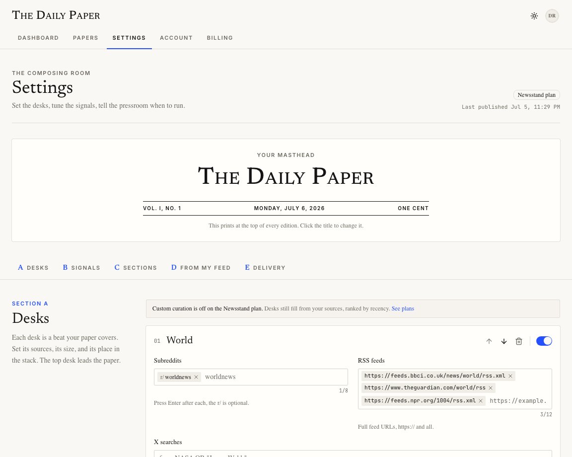 Settings page showing the masthead, section tabs, and the first desk controls