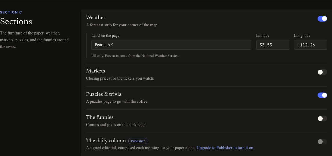 Sections settings in dark mode showing Weather, Markets, Puzzles and trivia, The funnies, and The daily column switches