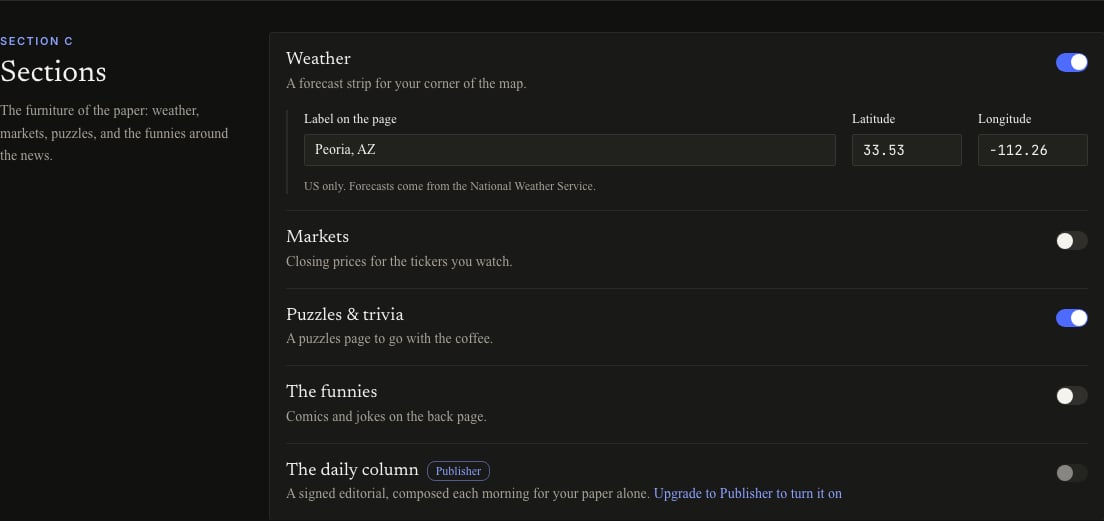 Sections settings in dark mode showing Weather, Markets, Puzzles and trivia, The funnies, and The daily column switches