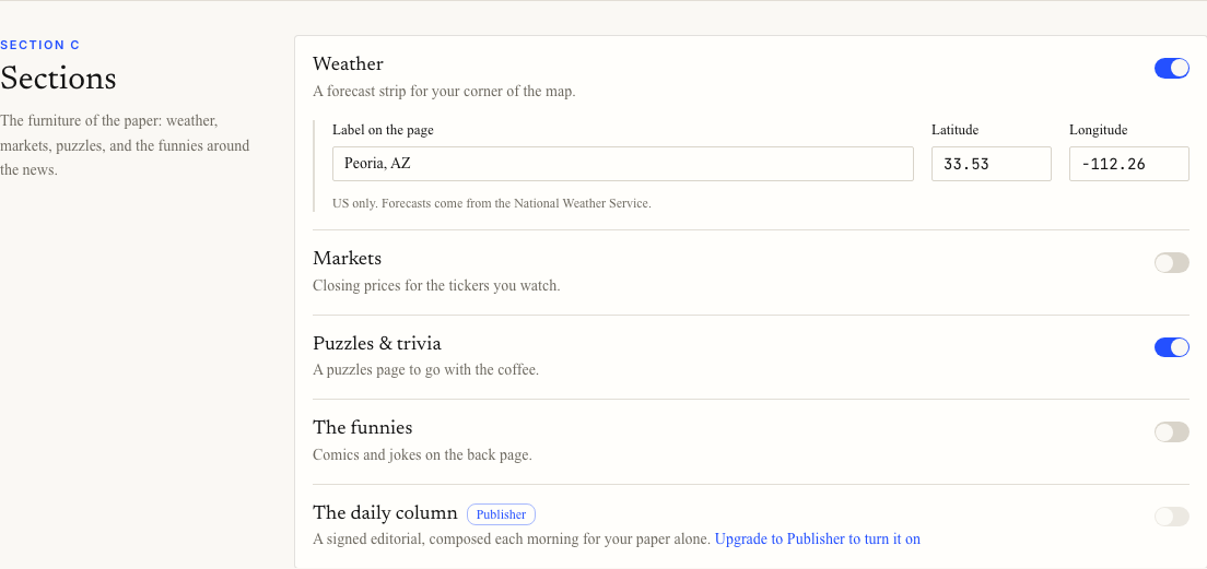 Sections settings showing Weather, Markets, Puzzles and trivia, The funnies, and The daily column switches