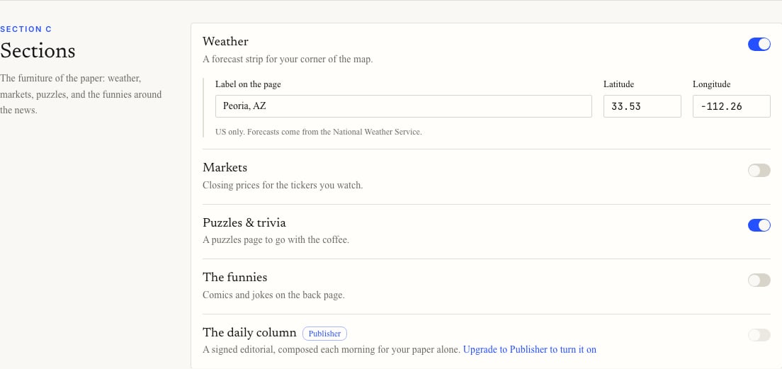 Sections settings showing Weather, Markets, Puzzles and trivia, The funnies, and The daily column switches
