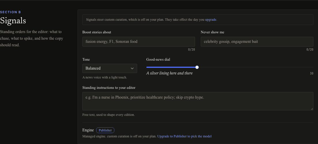 Signals settings in dark mode showing boosted topics, avoided topics, tone, good-news dial, instructions, and engine choice