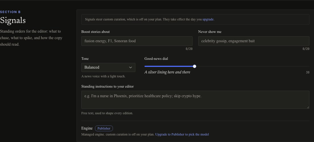 Signals settings in dark mode showing boosted topics, avoided topics, tone, good-news dial, instructions, and engine choice