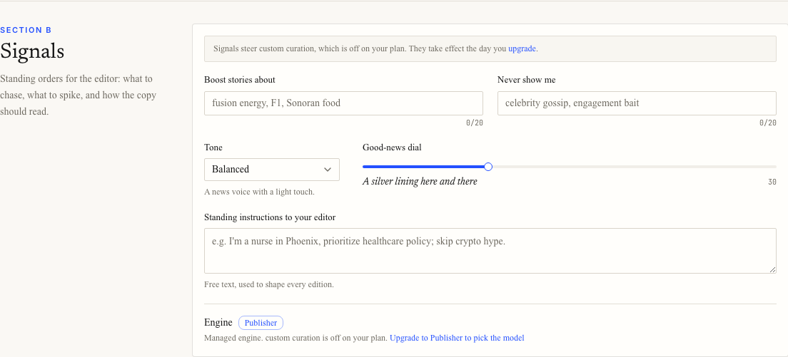 Signals settings showing boosted topics, avoided topics, tone, good-news dial, instructions, and engine choice