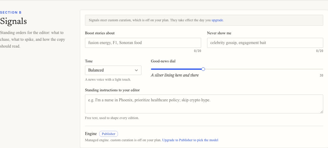 Signals settings showing boosted topics, avoided topics, tone, good-news dial, instructions, and engine choice