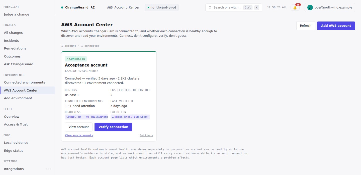 AWS Account Center showing one connected account with its regions, EKS clusters discovered, connected environments, last verification, readiness and execution setup state, and Verify connection and View account actions