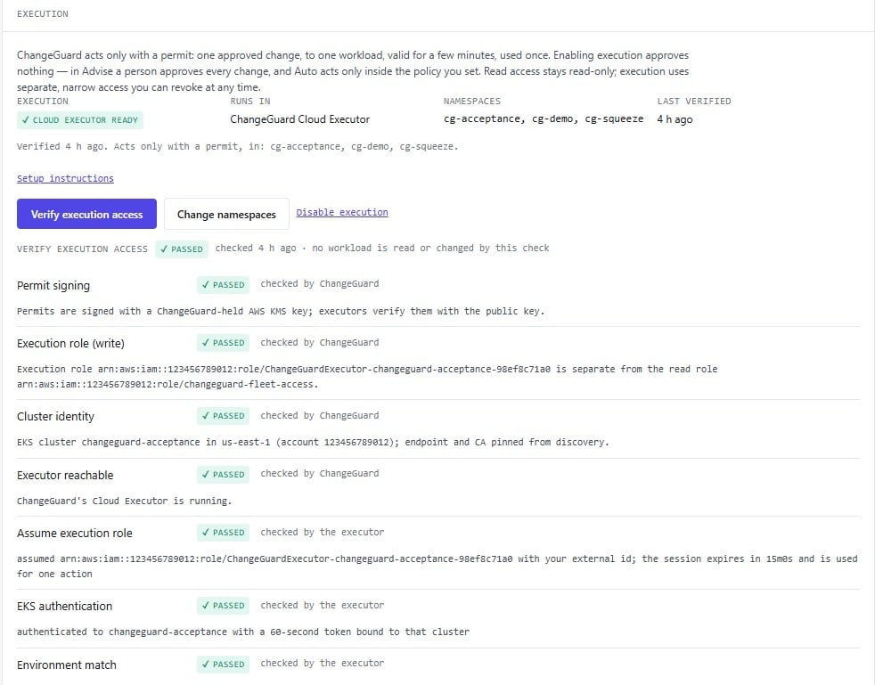 Execution section: Cloud Executor Ready, runs in ChangeGuard Cloud Executor, namespaces listed, last verified 4 hours ago; Verify execution access passed with checks for permit signing, execution role separate from the read role, cluster identity, executor reachable, assume execution role, EKS authentication and environment match