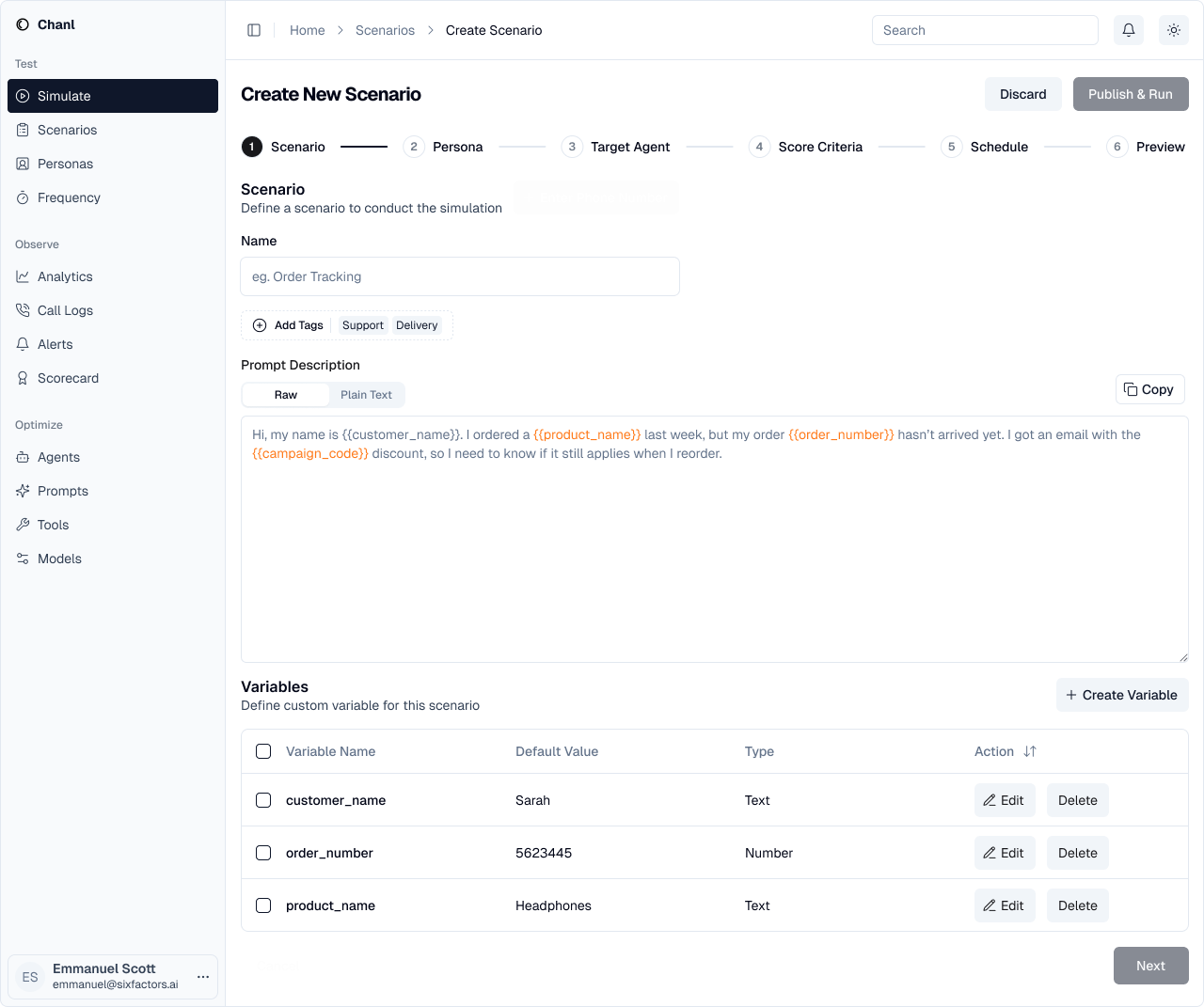 Scenario definition with name, tags, prompt description and variables