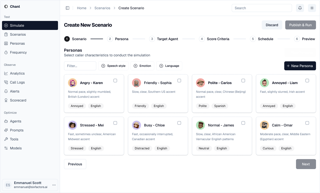 Persona selection showing various customer types with different emotions and speech styles