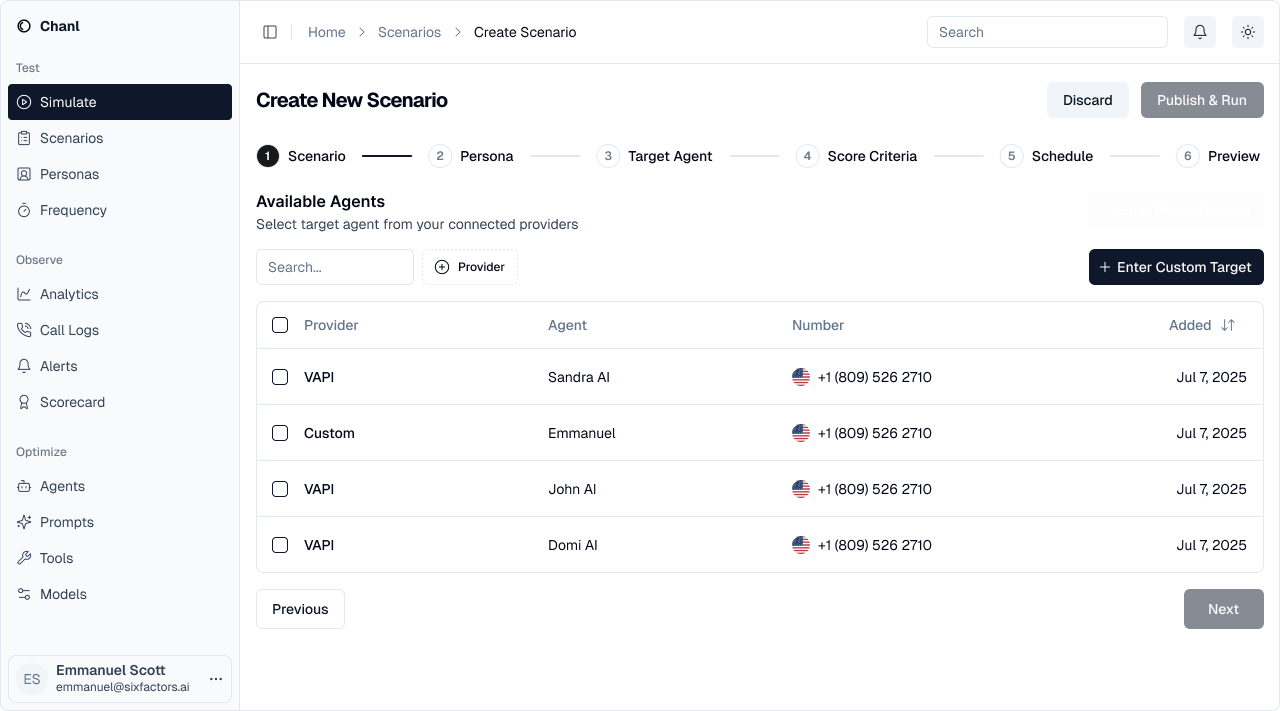 Agent selection showing connected agents from VAPI and custom providers