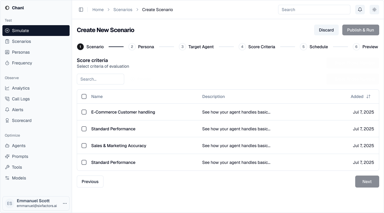 Scorecard selection showing various evaluation criteria options