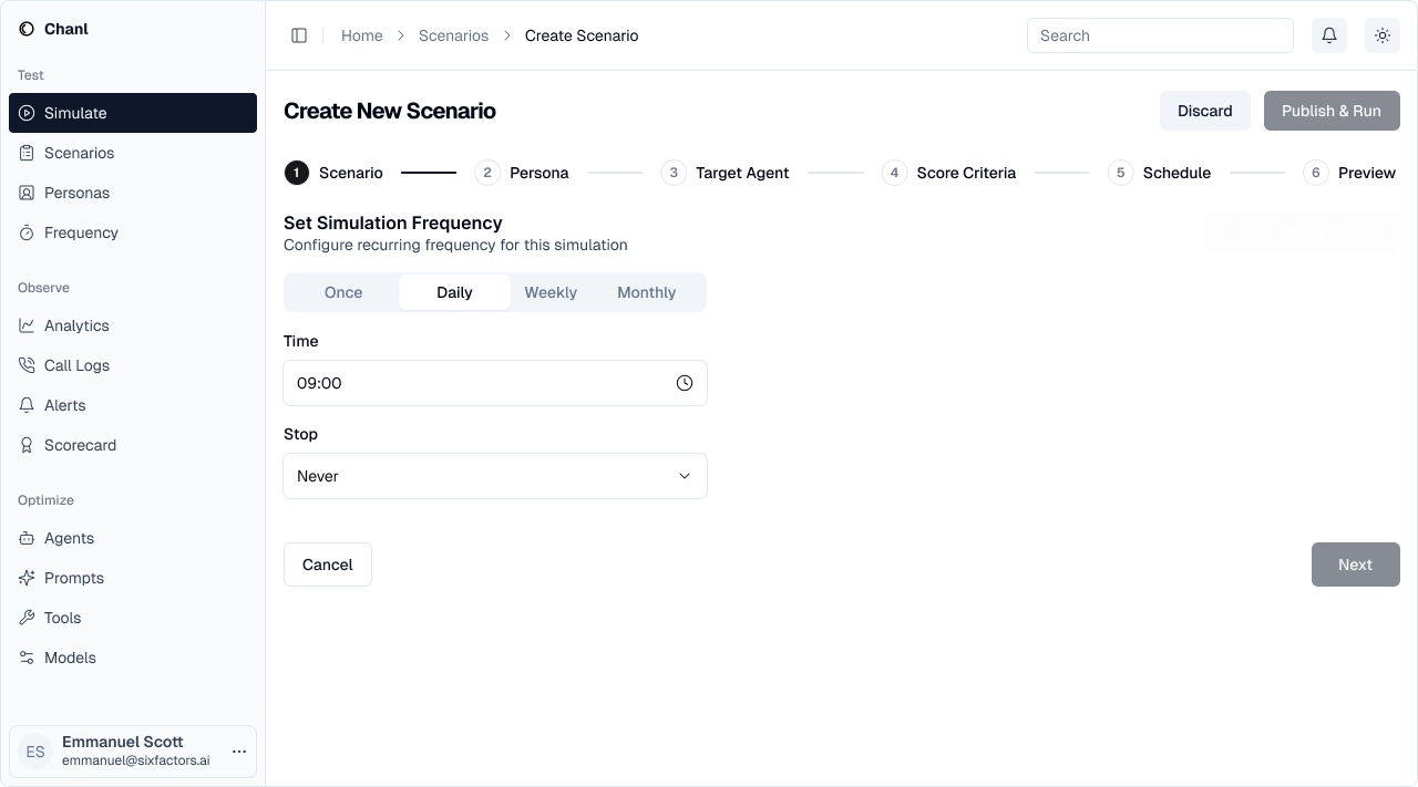Schedule configuration with frequency options and time settings