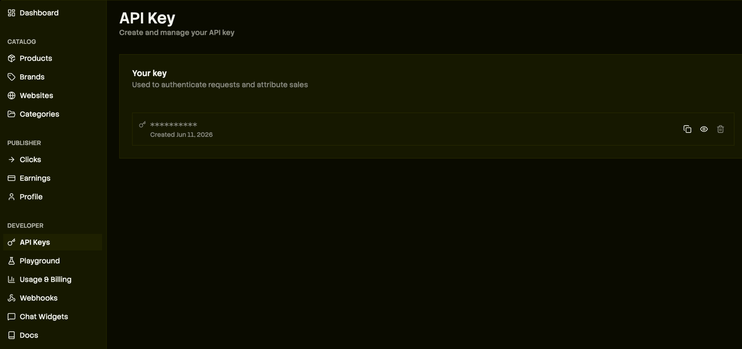 Channel3 dashboard API Key page showing a masked key