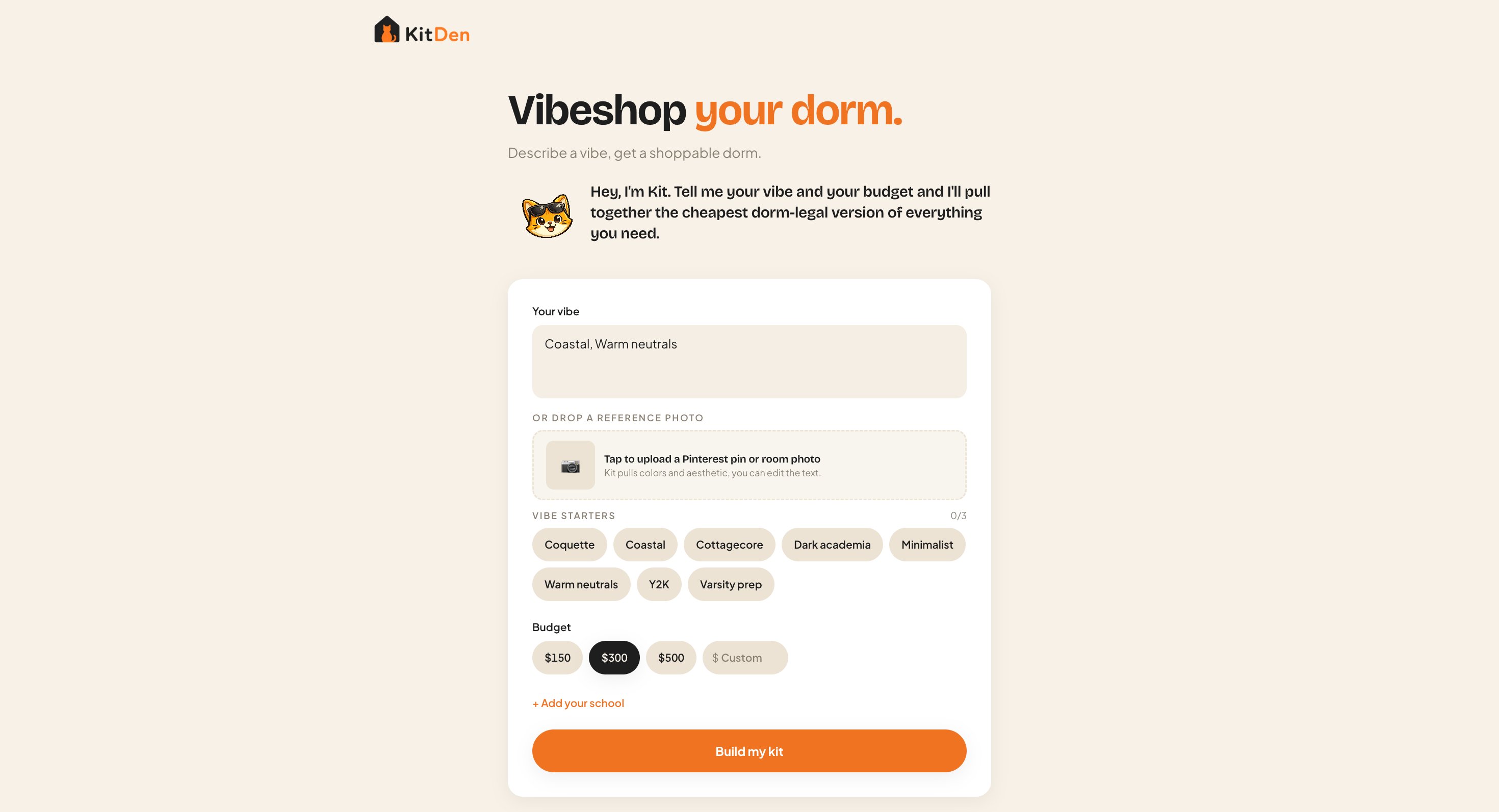 KitDen home page titled Vibeshop your dorm, with a vibe text box, vibe starter chips, and budget options