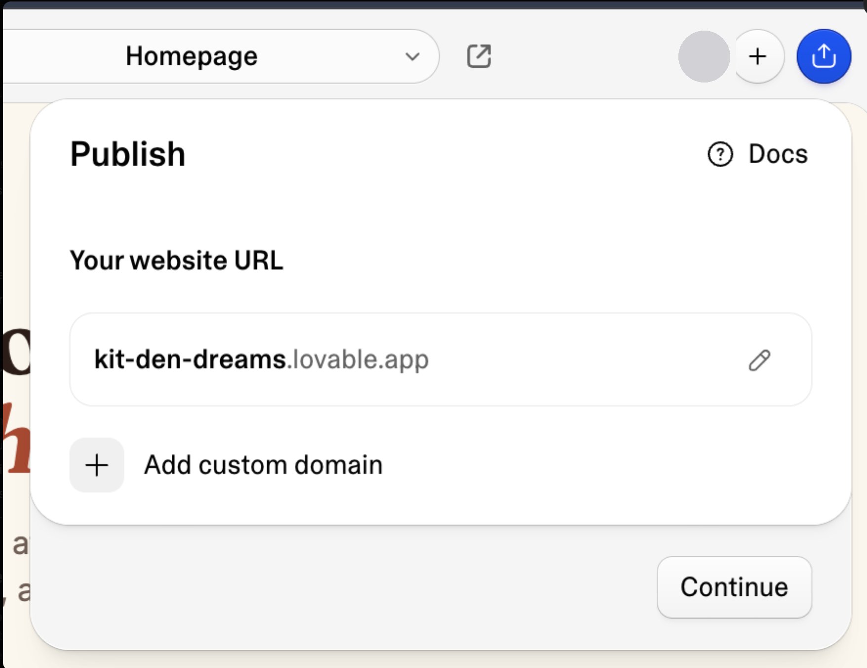 Lovable Publish dialog showing the live website URL