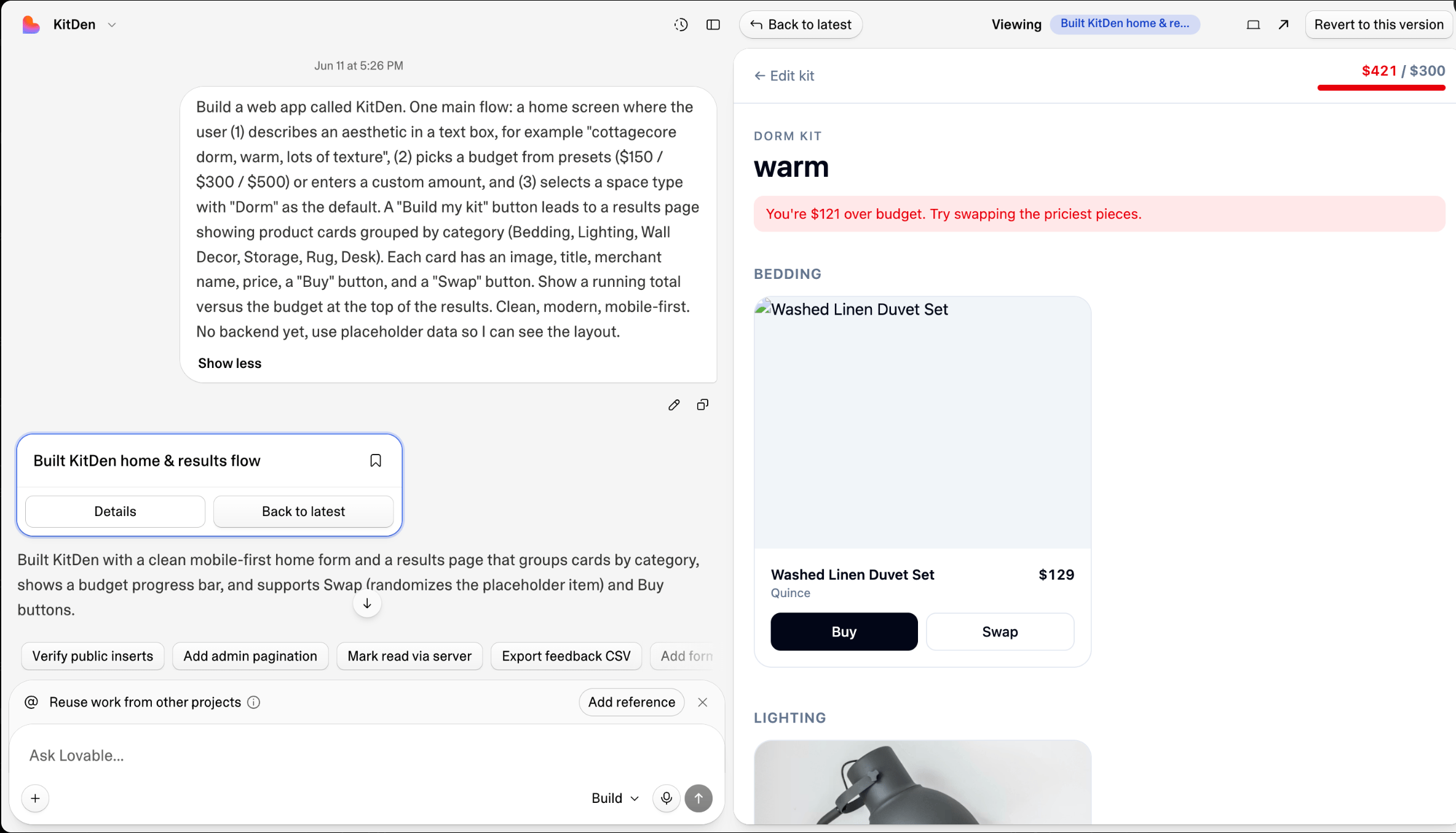Lovable showing the KitDen scaffold prompt and the generated results page with a budget bar