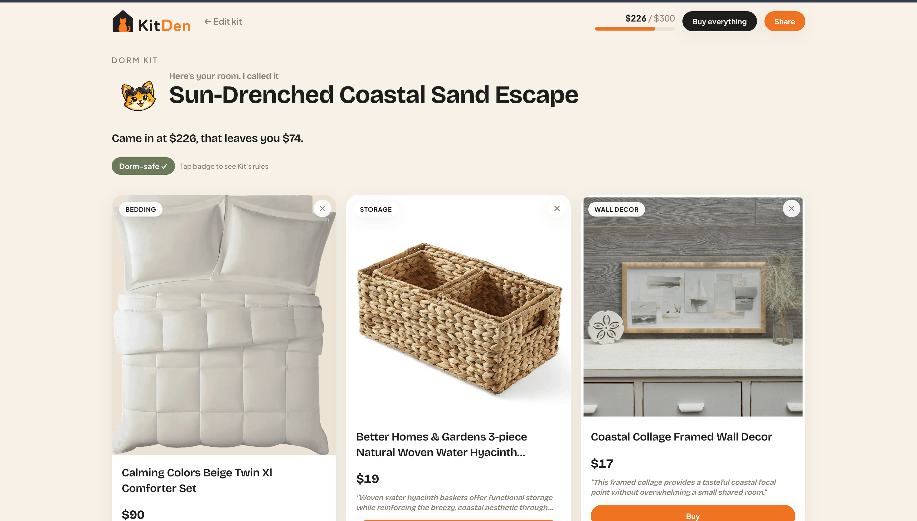 KitDen results page showing a named coastal kit with product cards, a budget summary, and per-item rationale