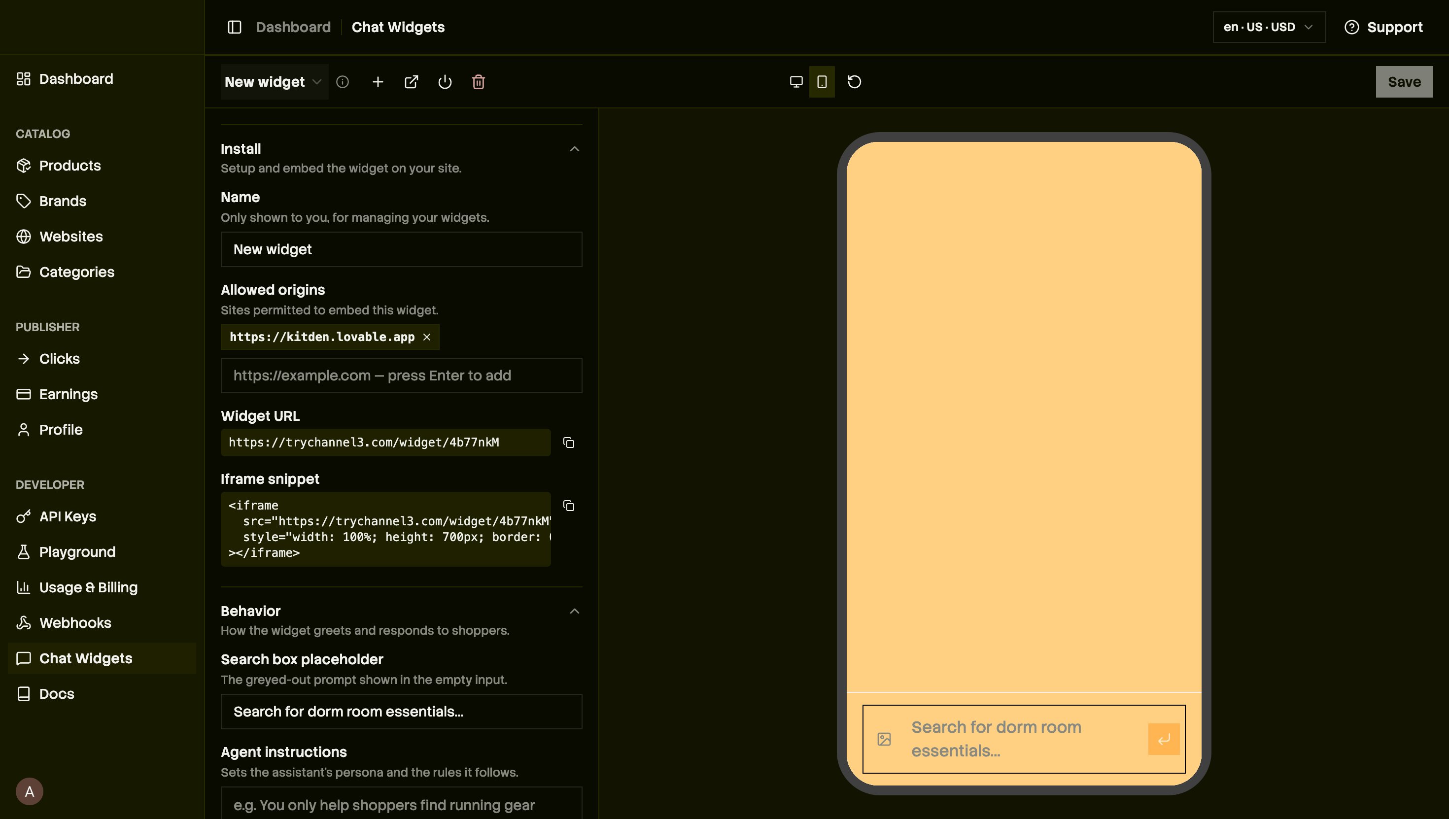 Channel3 Chat Widgets dashboard showing allowed origins, agent instructions, and the iframe snippet