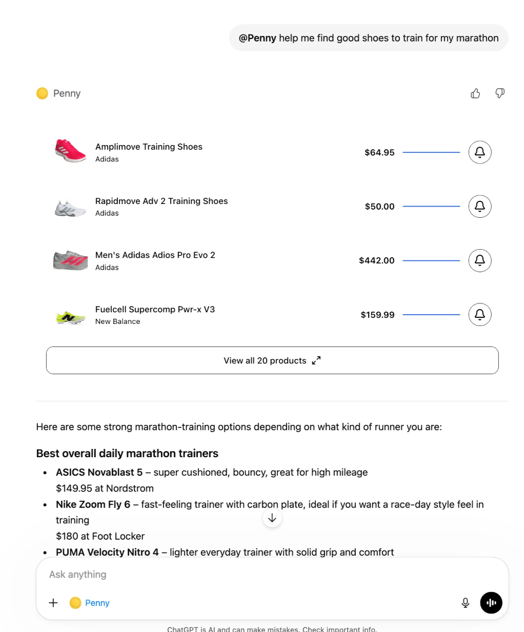 Penny surfacing product recommendations in ChatGPT