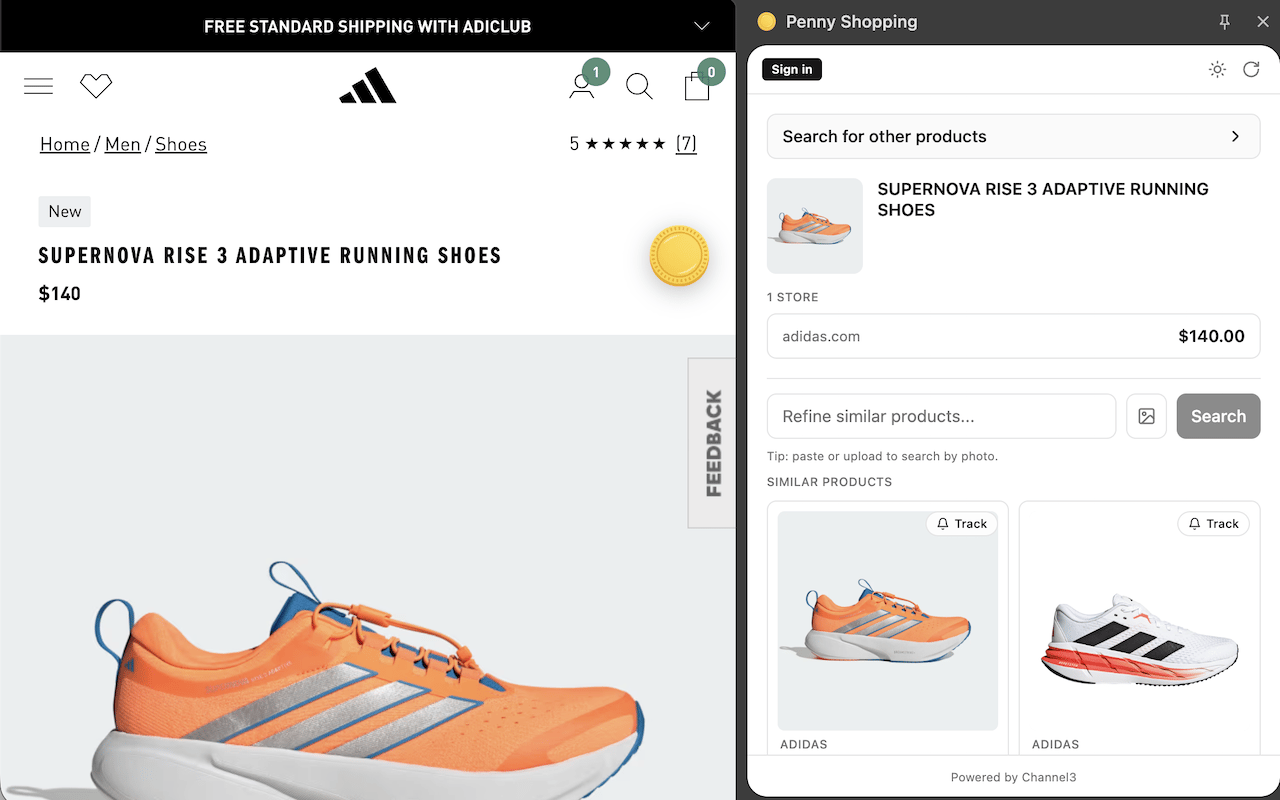 The Penny browser extension acting as an agentic deal finder on a product page