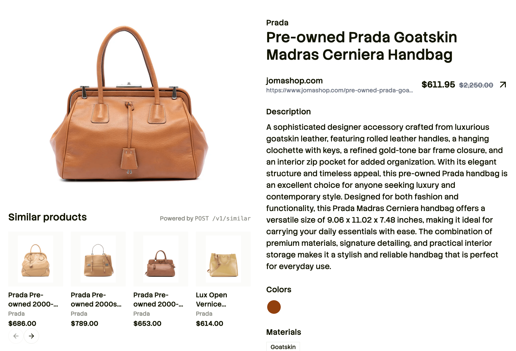 The full product detail view with a similar-products carousel beneath it