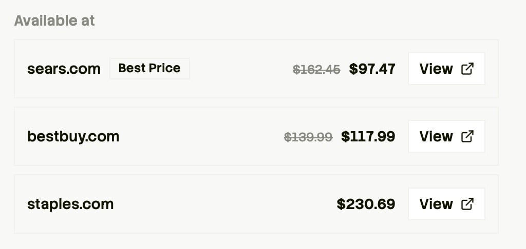 An offer comparison lists Sears at $97.47 as the best price, Best Buy at $117.99, and Staples at $230.69; each row has a View link to buy from that retailer.