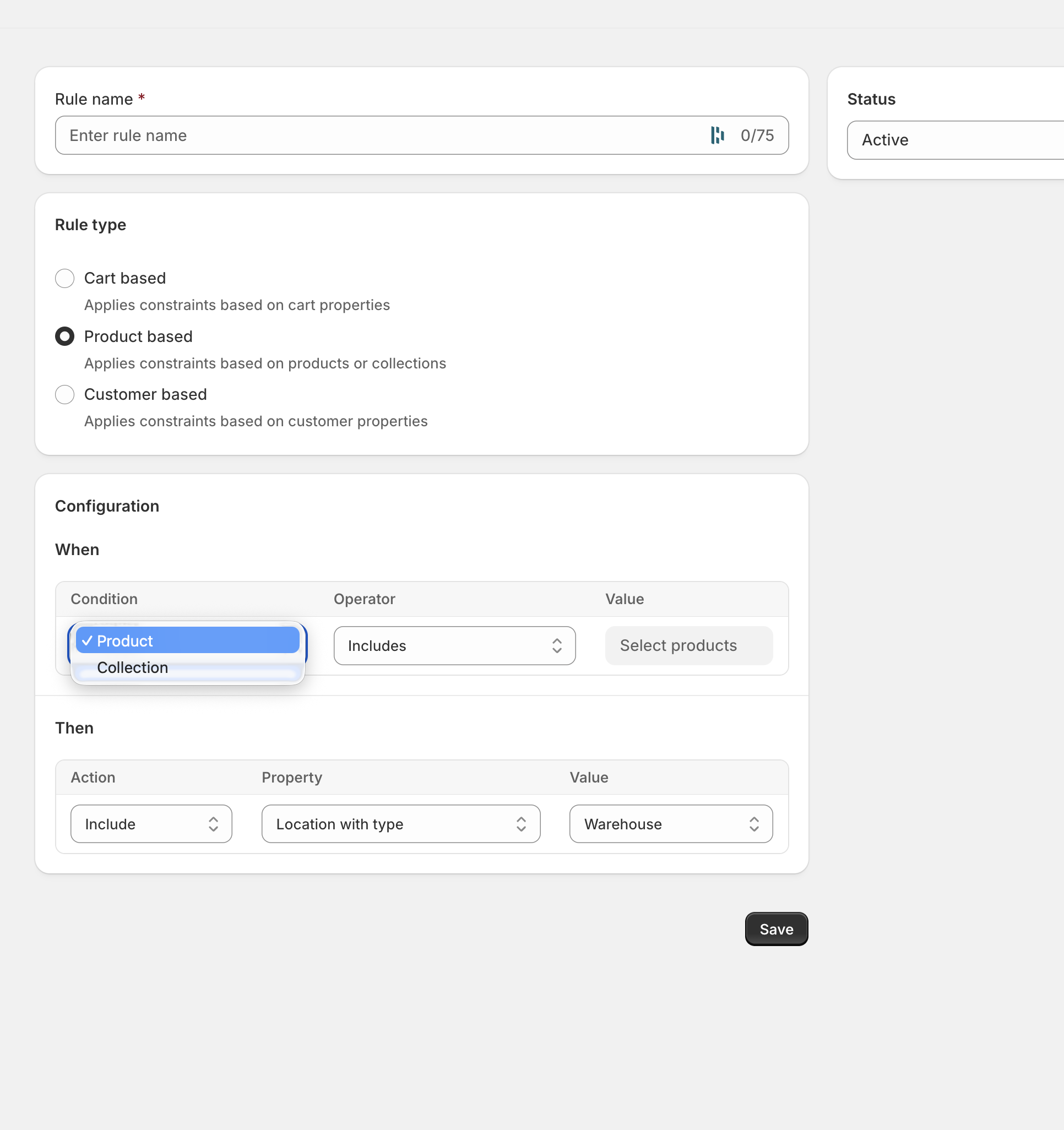Condition dropdown showing Product and Collection options
