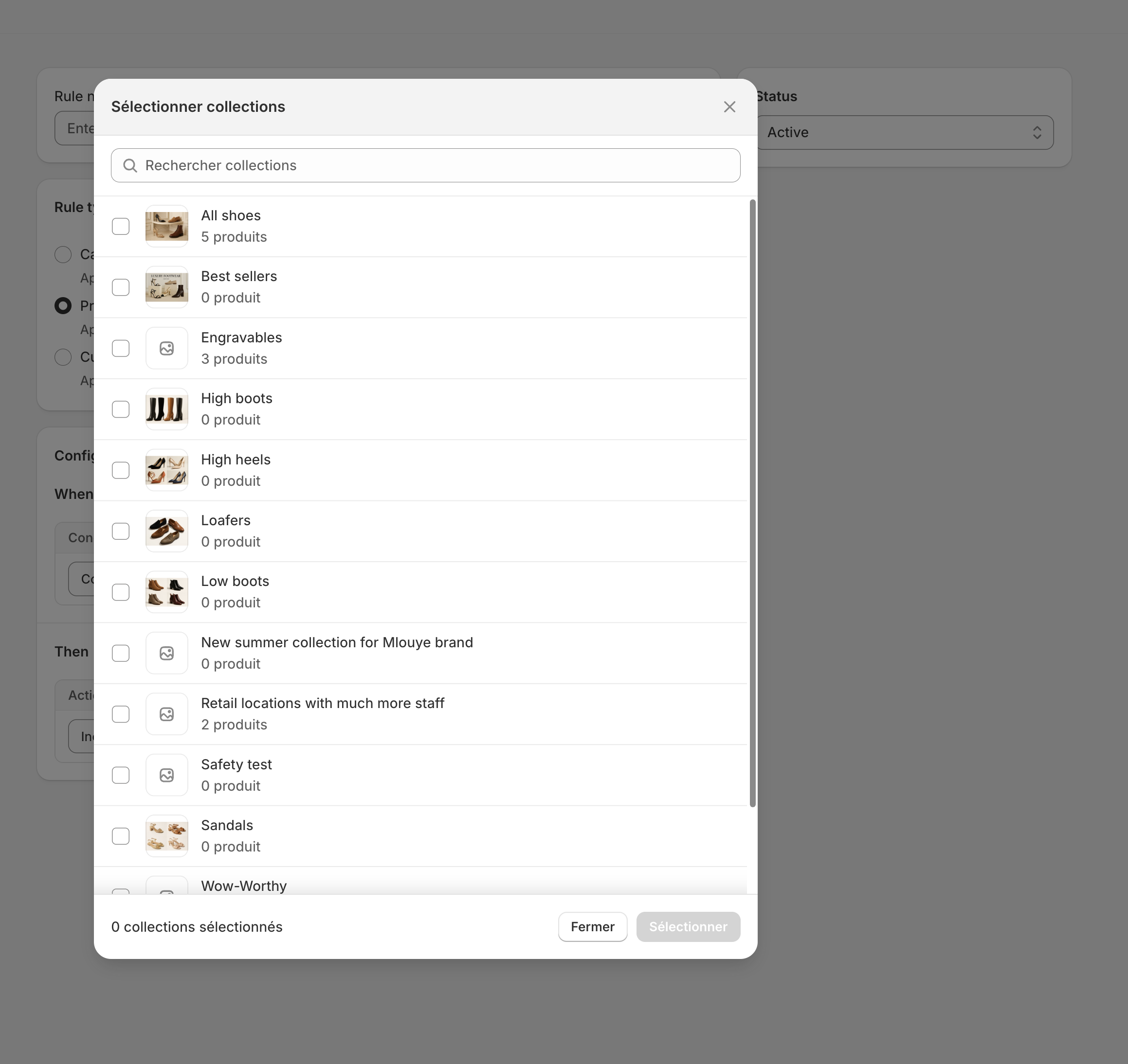 Collection picker modal showing collections with product counts