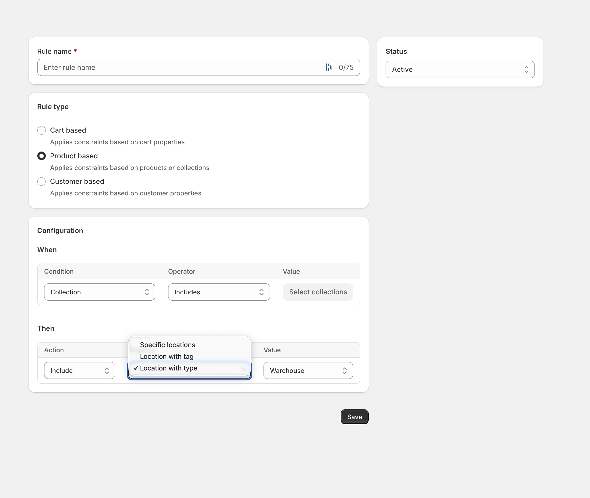 Property dropdown showing Specific locations, Location with tag, and Location with type options