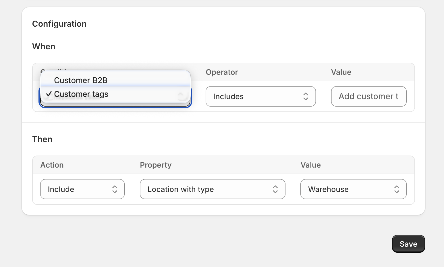 Condition dropdown showing Customer B2B and Customer tags options