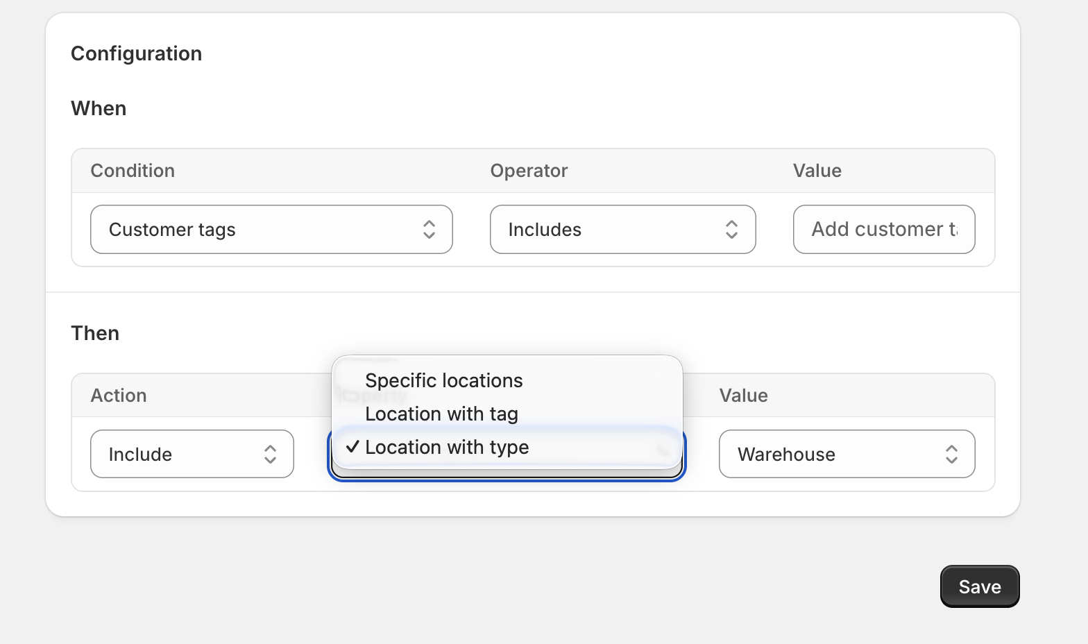 Property dropdown showing Specific locations, Location with tag, and Location with type options