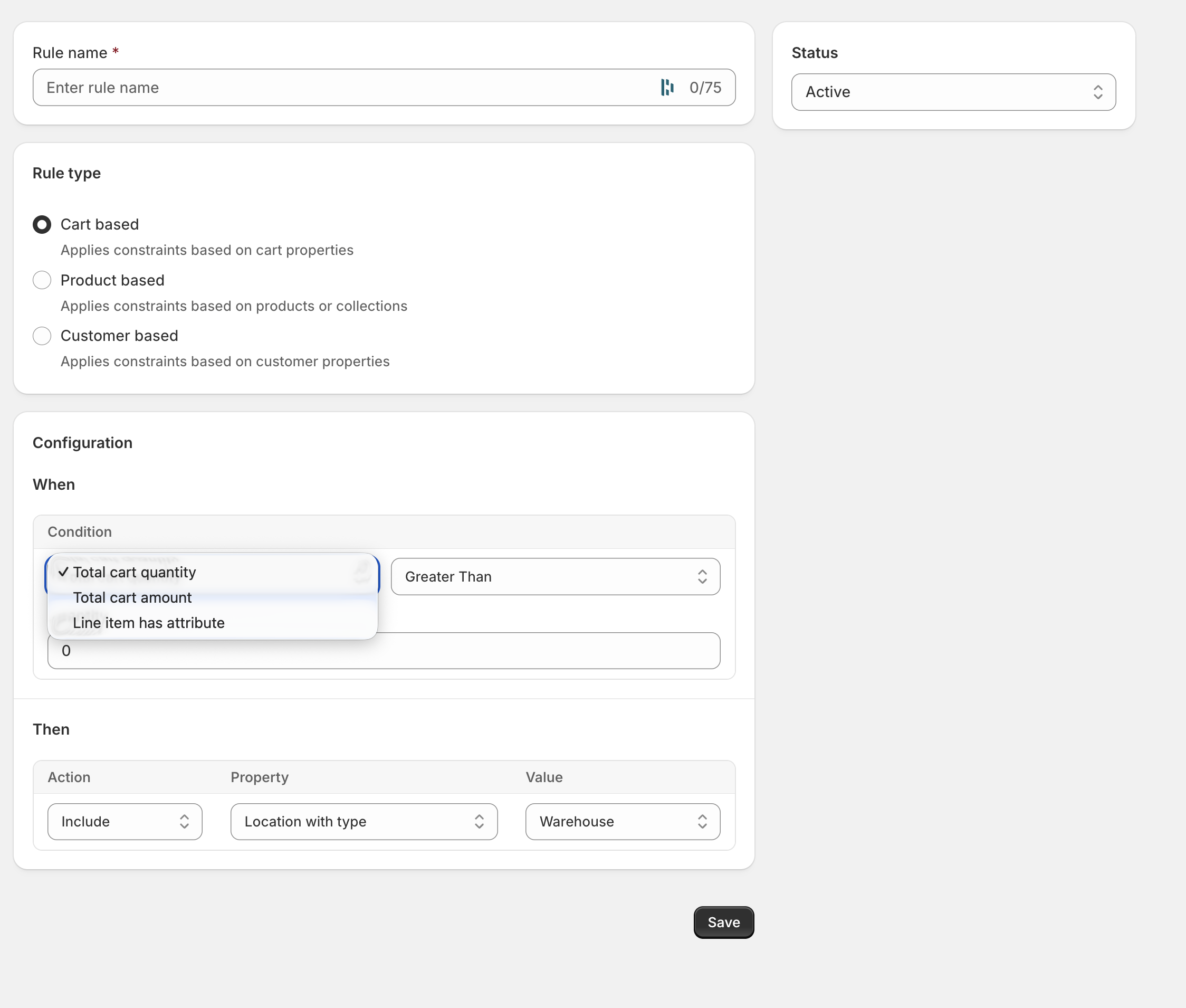 Condition dropdown showing Total cart quantity, Total cart amount, and Line item has attribute options