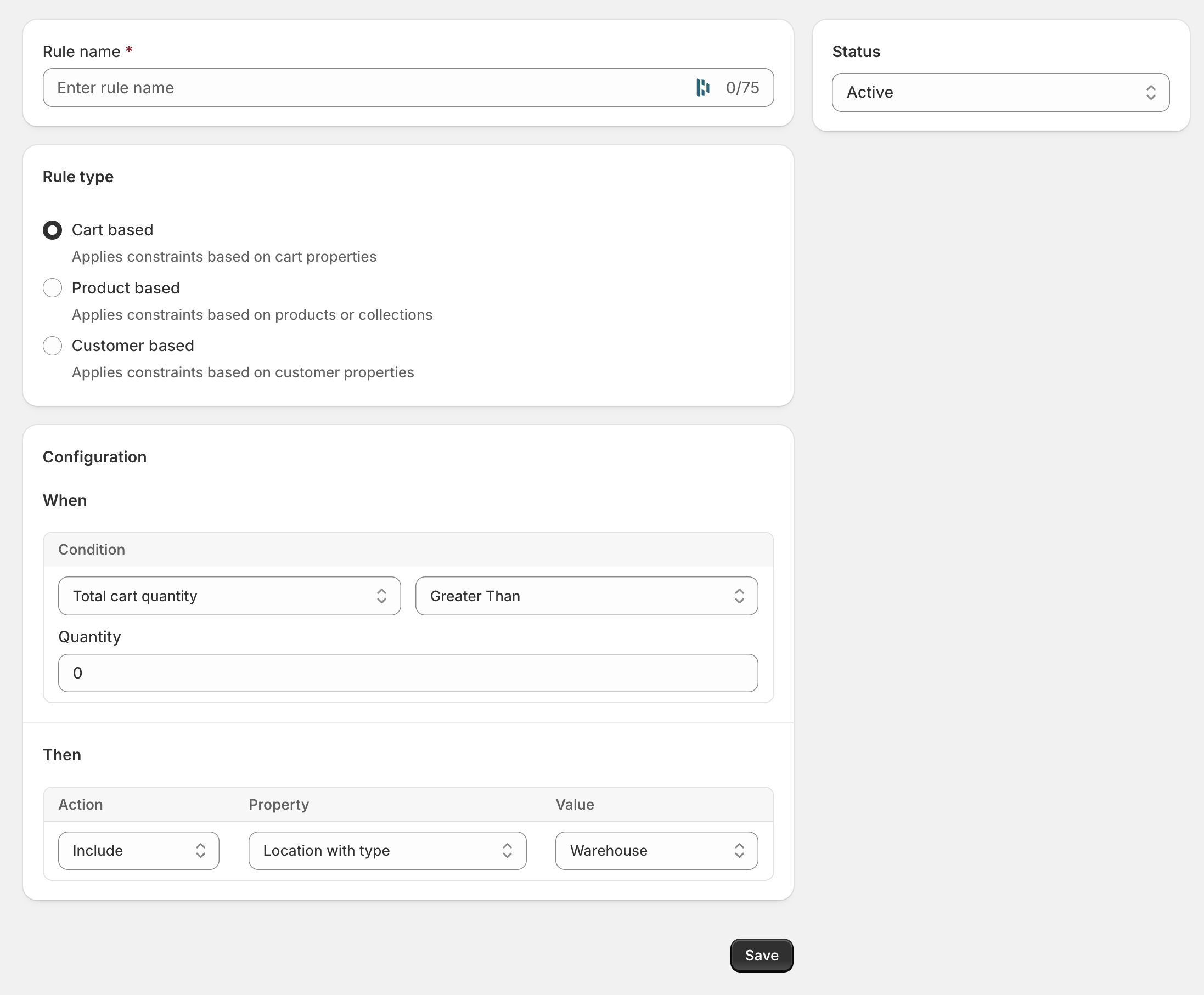 Cart rule form with name, status, and rule type