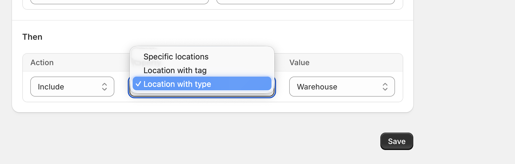 Property dropdown showing Specific locations, Location with tag, and Location with type options