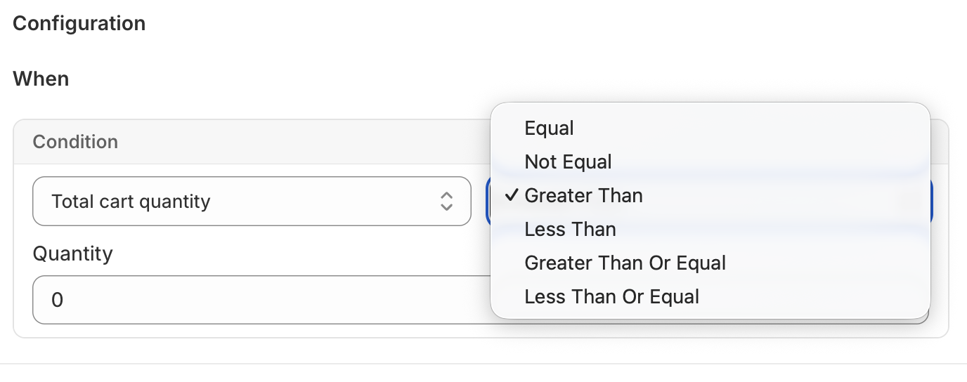 Operator dropdown showing Equal, Not Equal, Greater Than, Less Than, Greater Than Or Equal, Less Than Or Equal