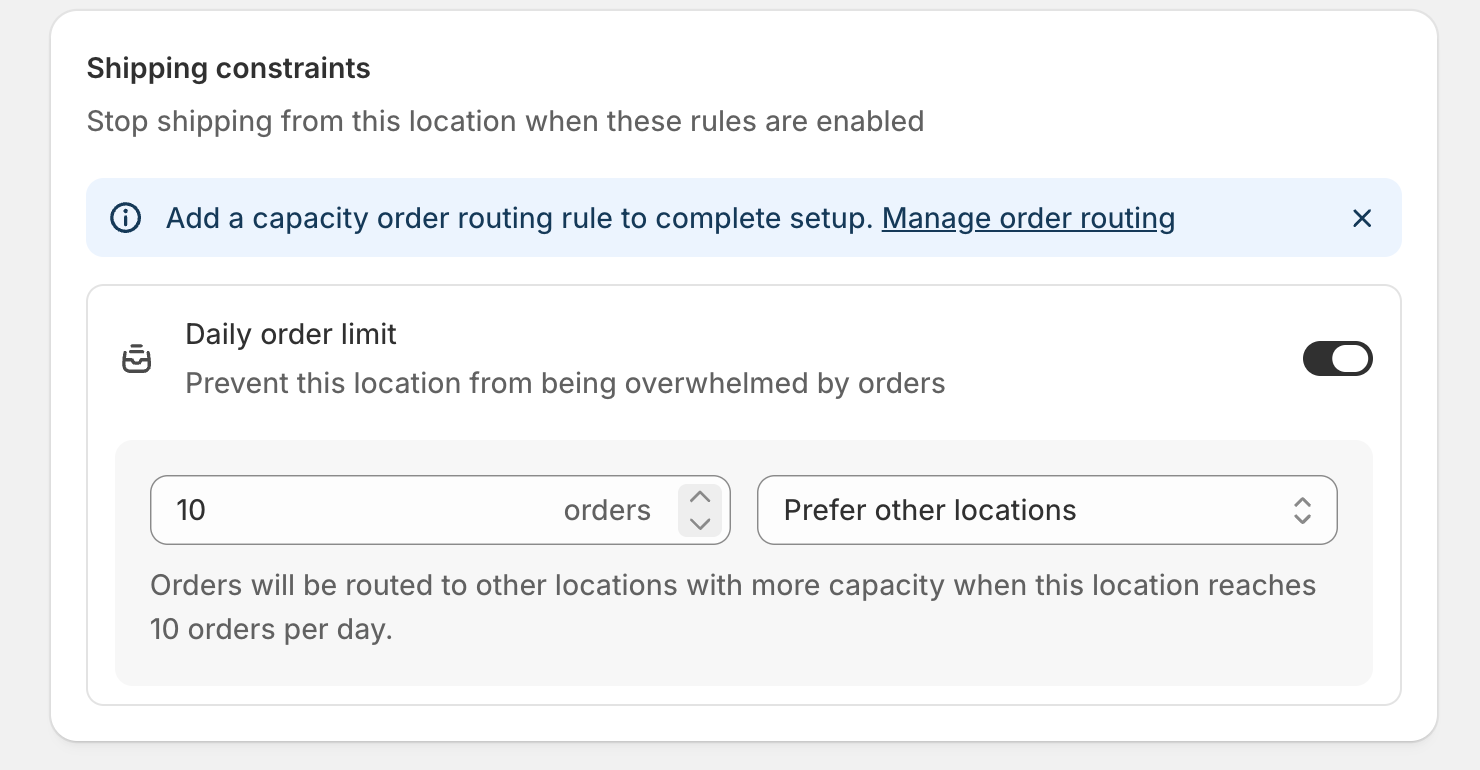 Daily order limit configuration with order count and capacity mode