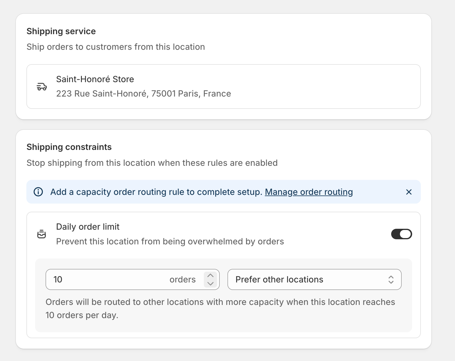 Daily order limit configuration