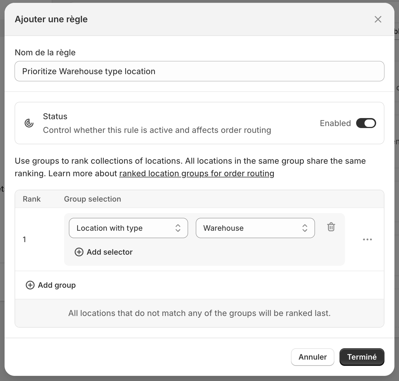 Ranked location groups with warehouses first