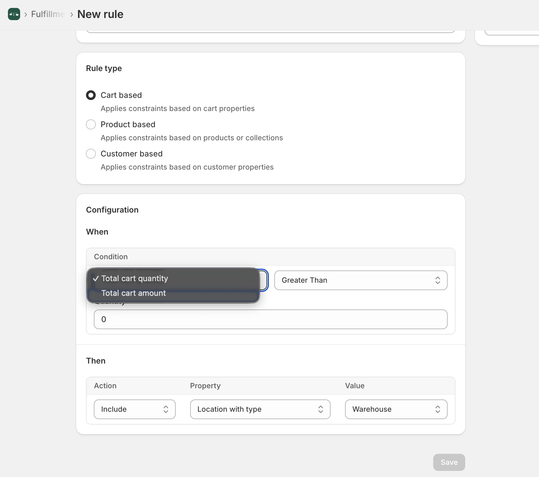 Condition dropdown showing Total cart quantity and Total cart amount options