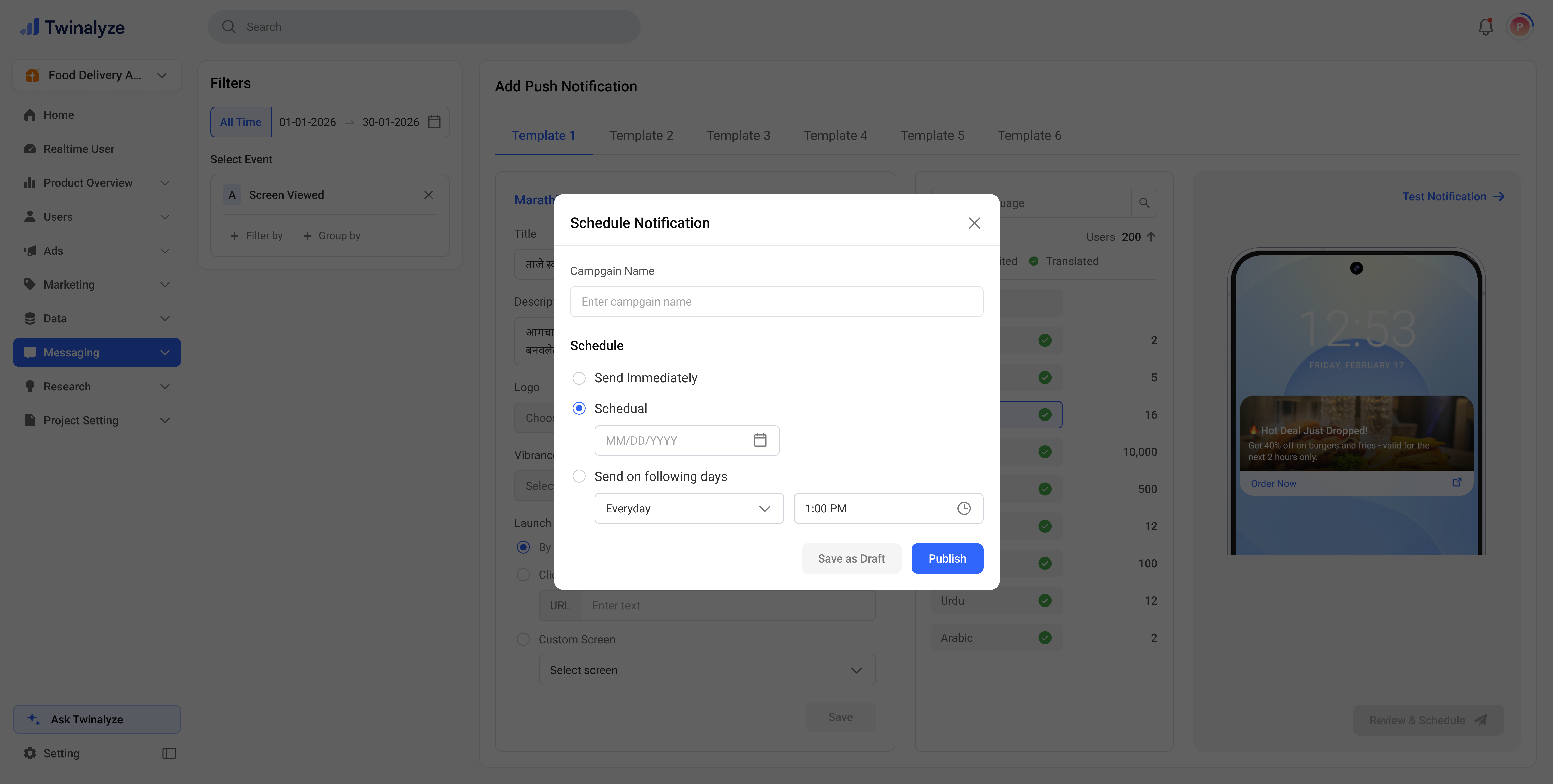 Twinalyze Messaging default notification editor