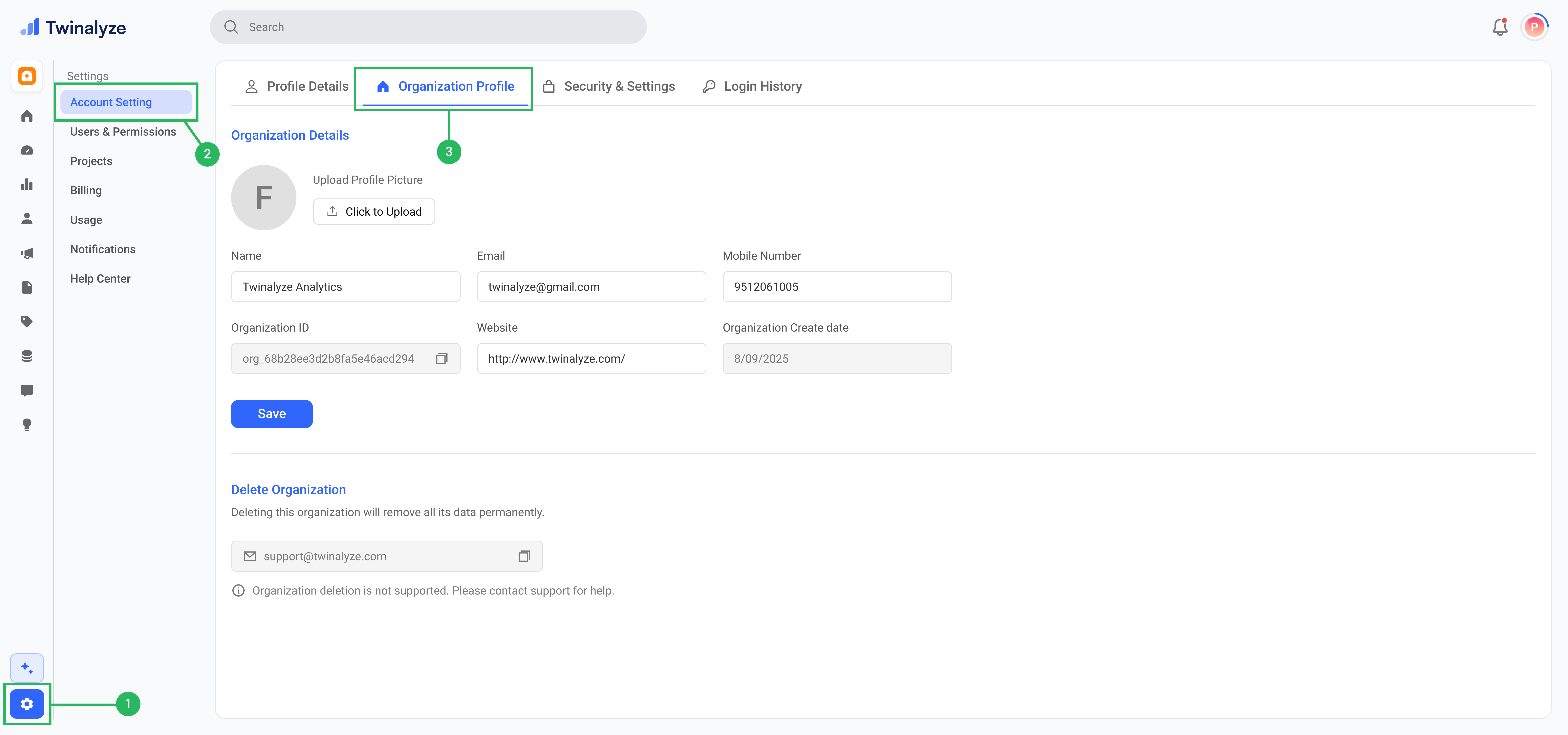 Twinalyze Organization Profile settings page