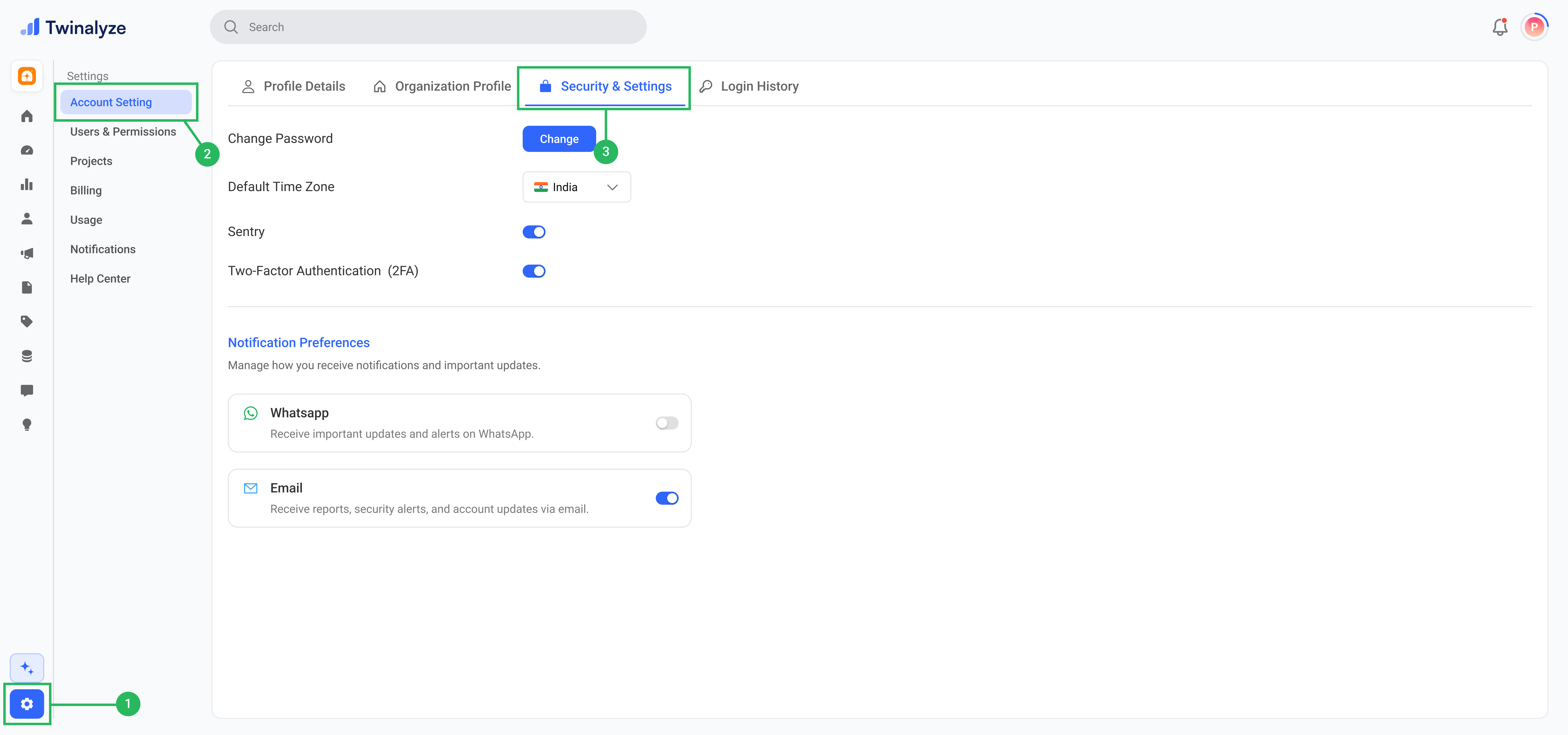 Twinalyze Security and Settings page