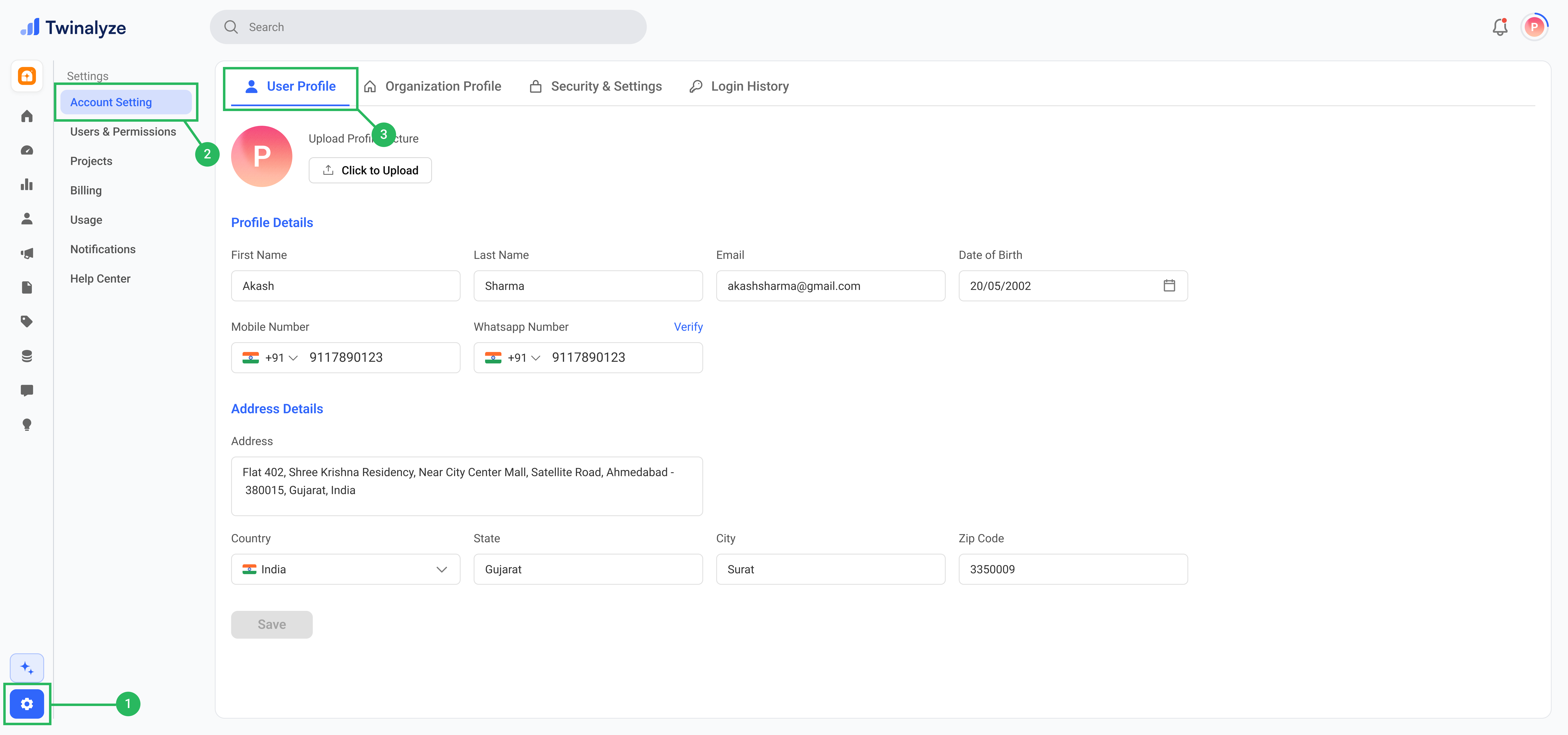 Twinalyze Profile Details settings page