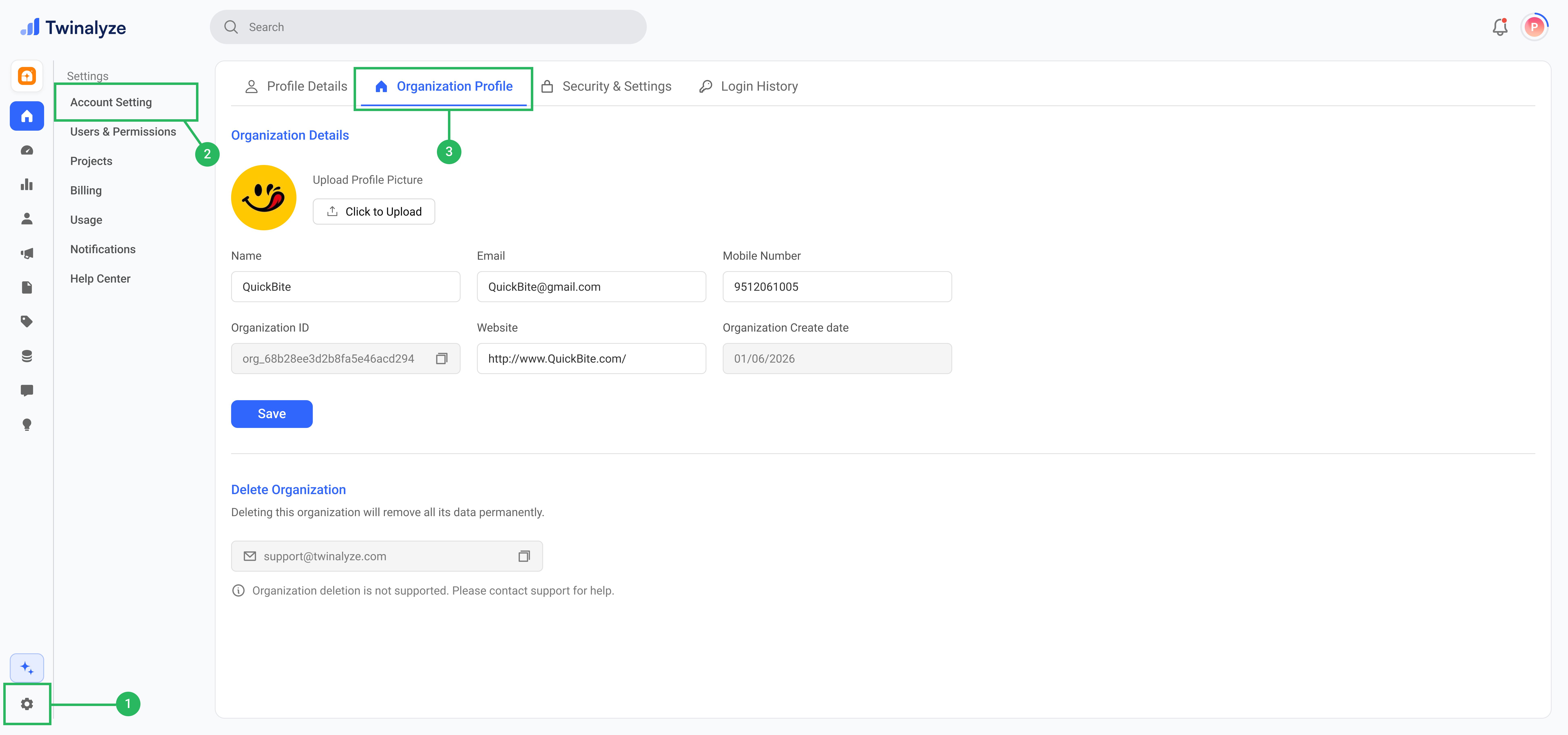 Edit project details in Twinalyze